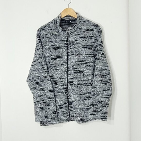 Women's Black & Gray Marled Long Sleeve High Neck Full Zip-Up Comfy Sweater - Picture 3 of 10